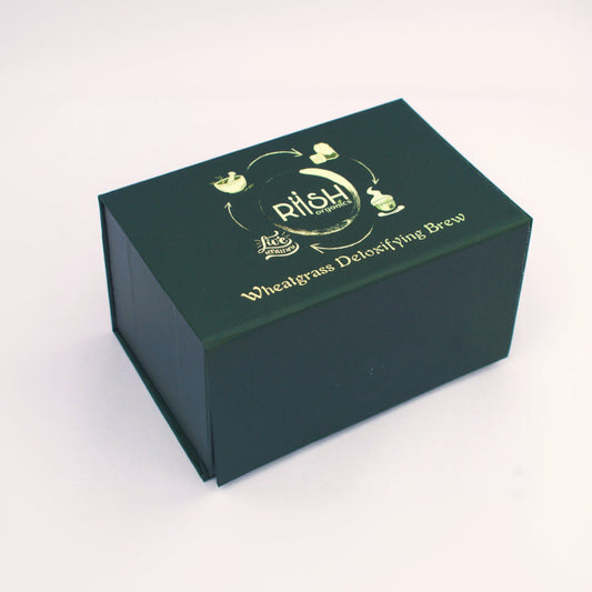 Green box with gold text and branding on a white background